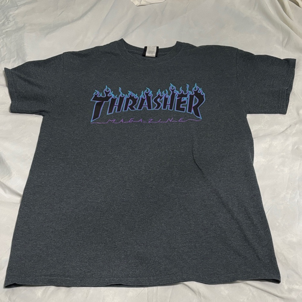 Thrasher Charcoal Tee with Blue Flame Logo